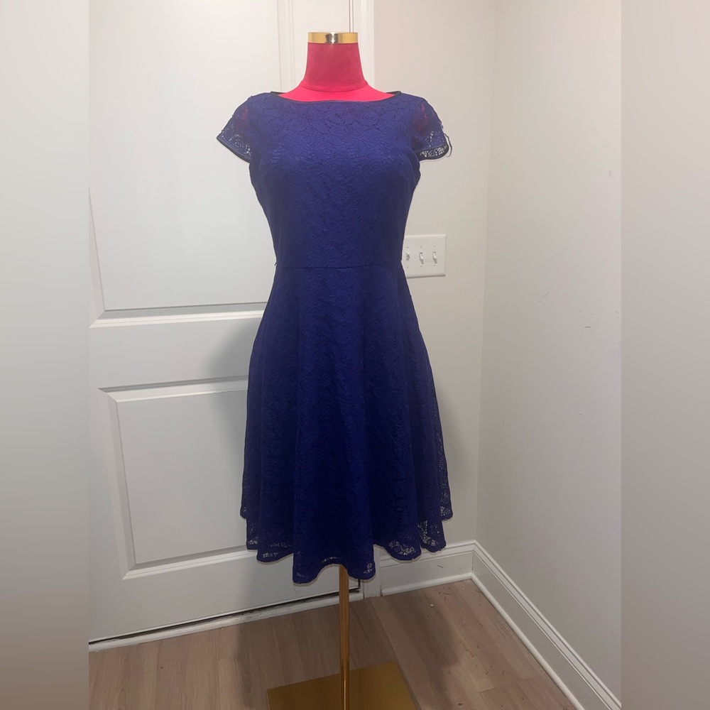 Kasper Royal Blue Lace Fit-and-Flare Midi Dress